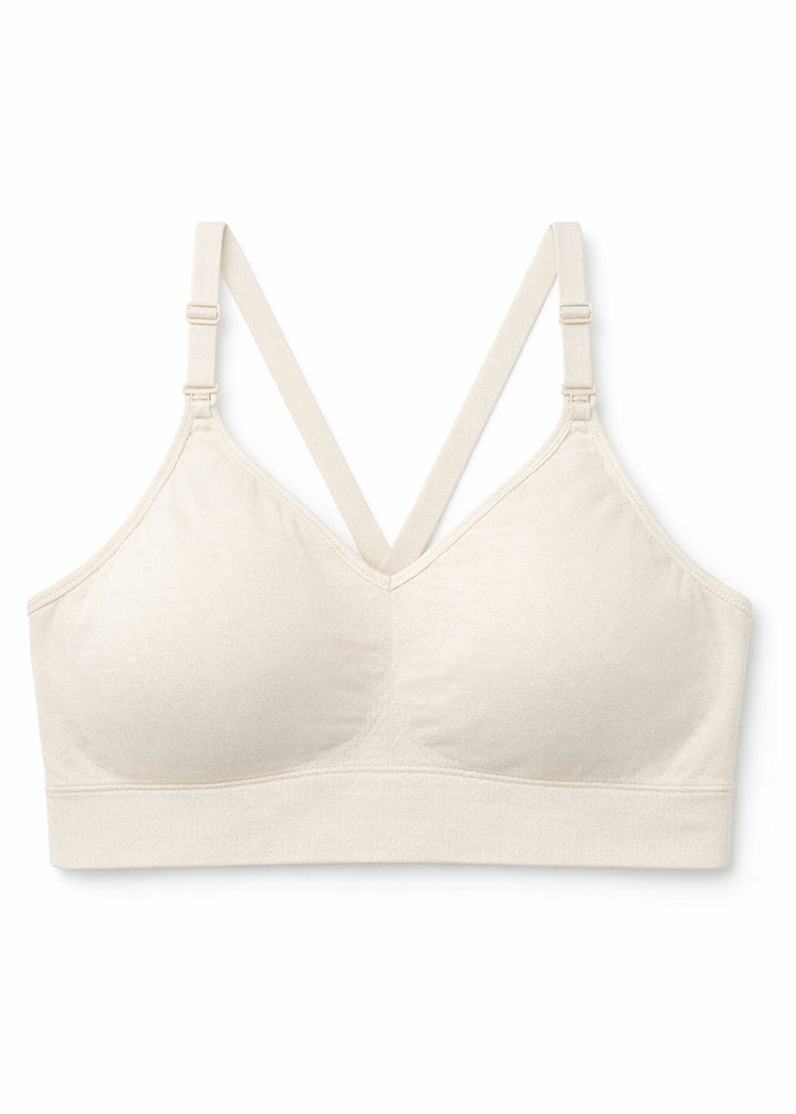 Seamless Clip-Down Nursing Bra in Natural — flat lay, front