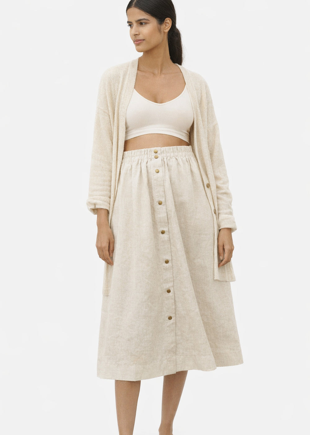 Brass-Snap Gathered A-Line Linen Midi Skirt in Linen in Natural — on model