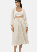 Brass-Snap Gathered A-Line Linen Midi Skirt in Linen in Natural — on model