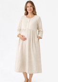 Button-Front Striped Linen Maternity Dress in Linen in Natural — on model