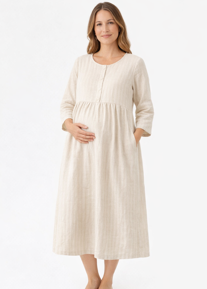 Button-Front Striped Linen Maternity Dress in Linen in Natural — on model