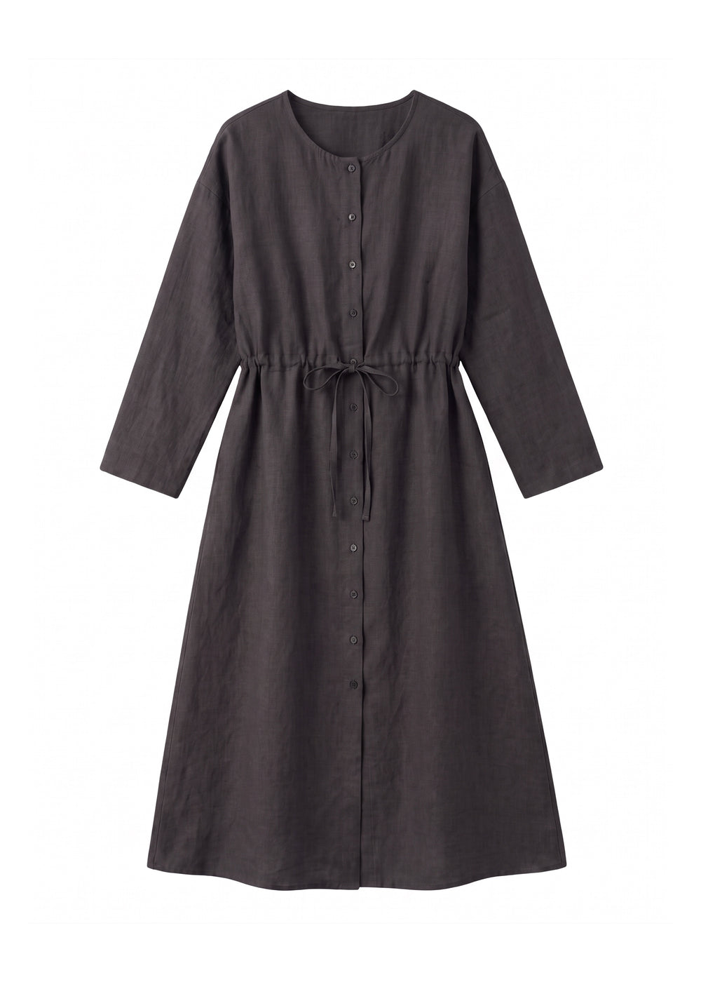 Drawstring Button Front Dress in ebony sandwashed linen, flat lay with round neck, full button front and drawstring waist.