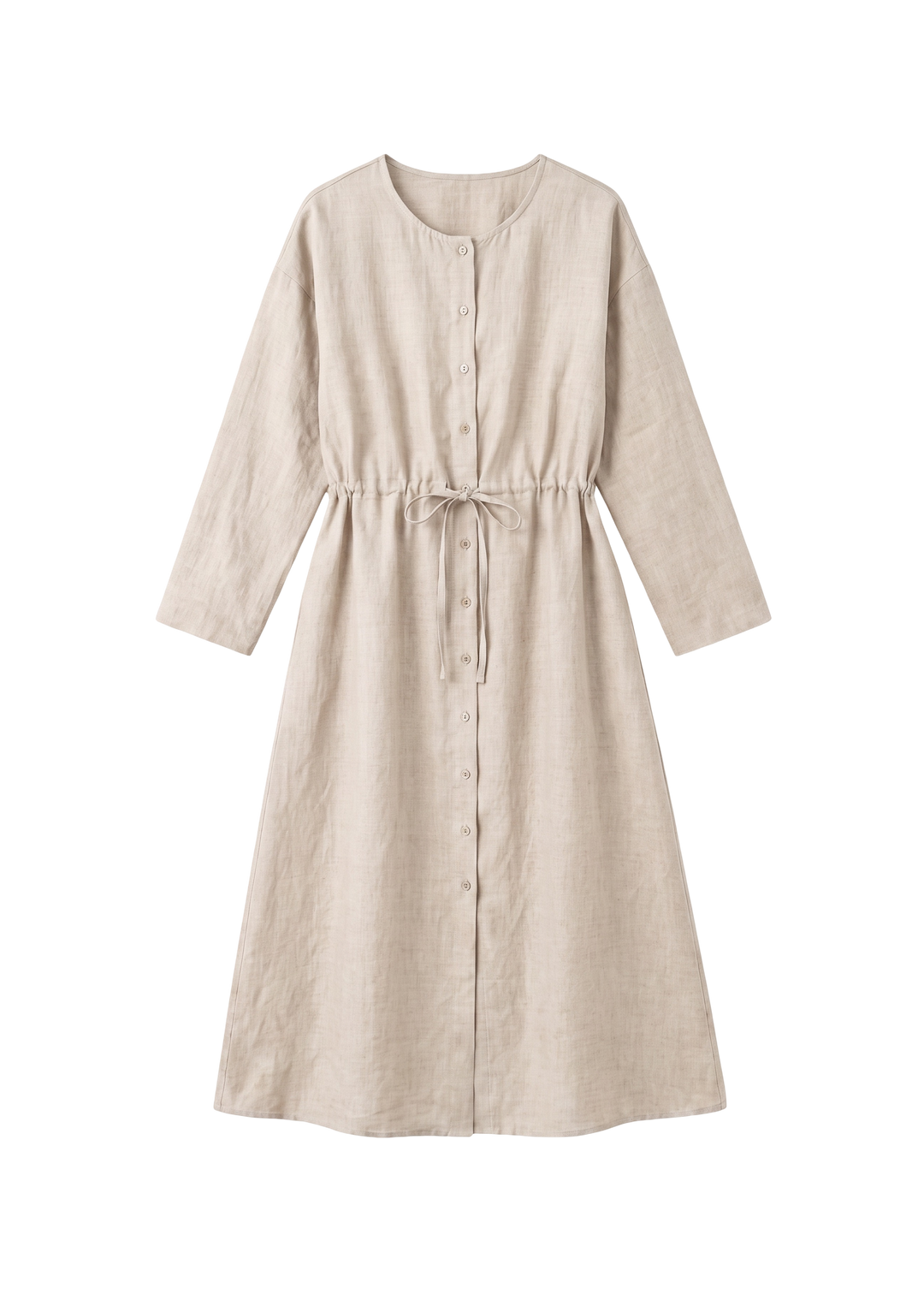 Drawstring Button Front Dress in natural sandwashed linen, flat lay with round neck, full button front and drawstring waist.