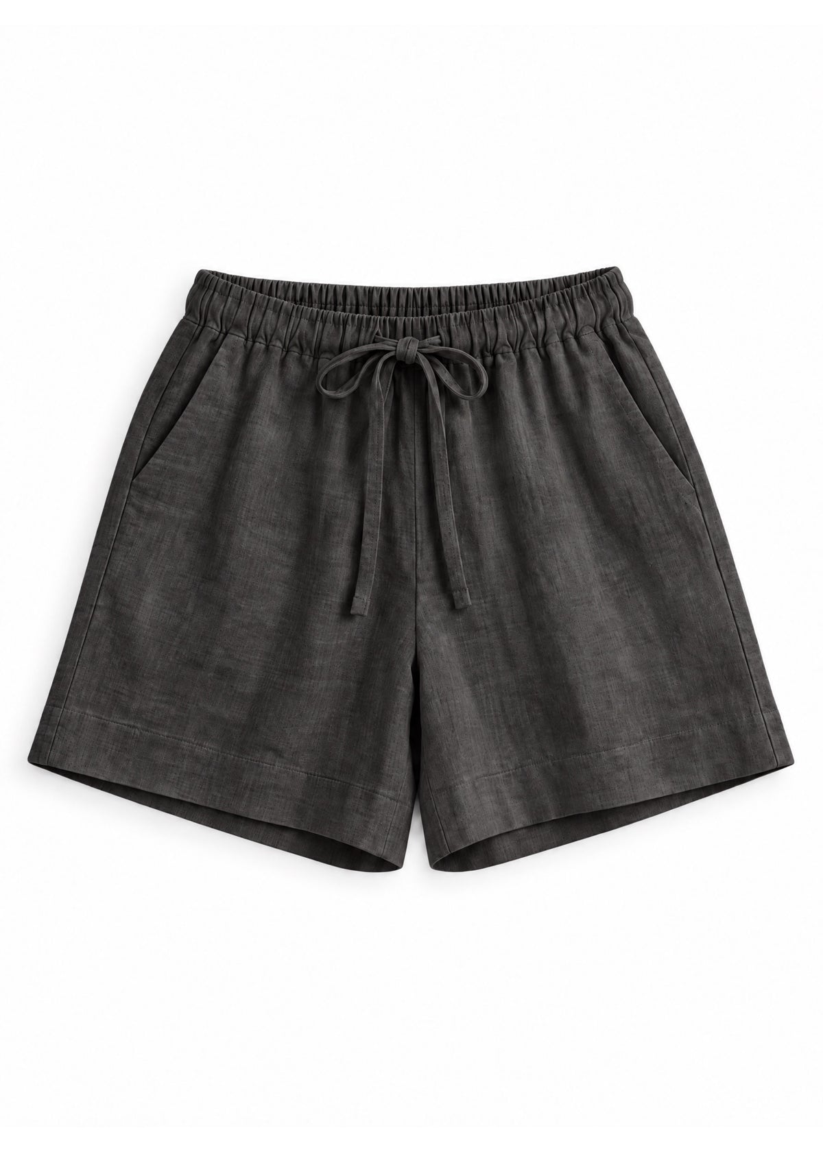 Drawstring Shorts in ebony sandwashed linen, flat lay.