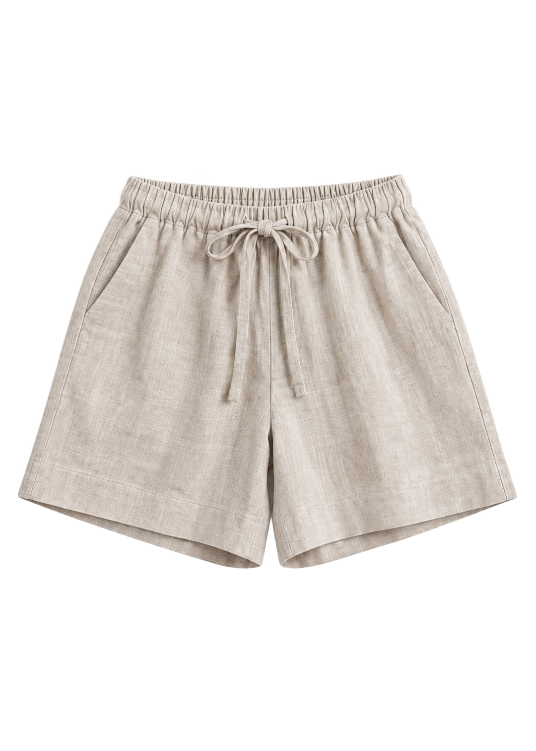 Drawstring Shorts in natural sandwashed linen, flat lay with elastic drawstring waist and side pockets.