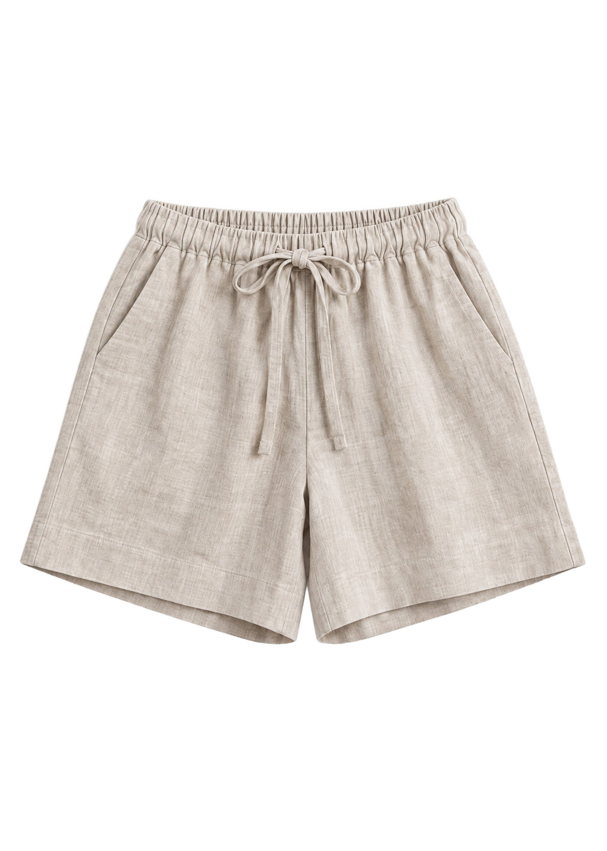 Drawstring Shorts in natural sandwashed linen, flat lay with elastic drawstring waist and side pockets.