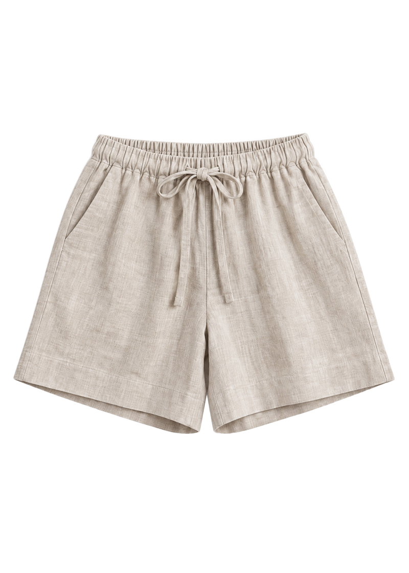 Drawstring Shorts in natural sandwashed linen, flat lay with elastic drawstring waist and side pockets.