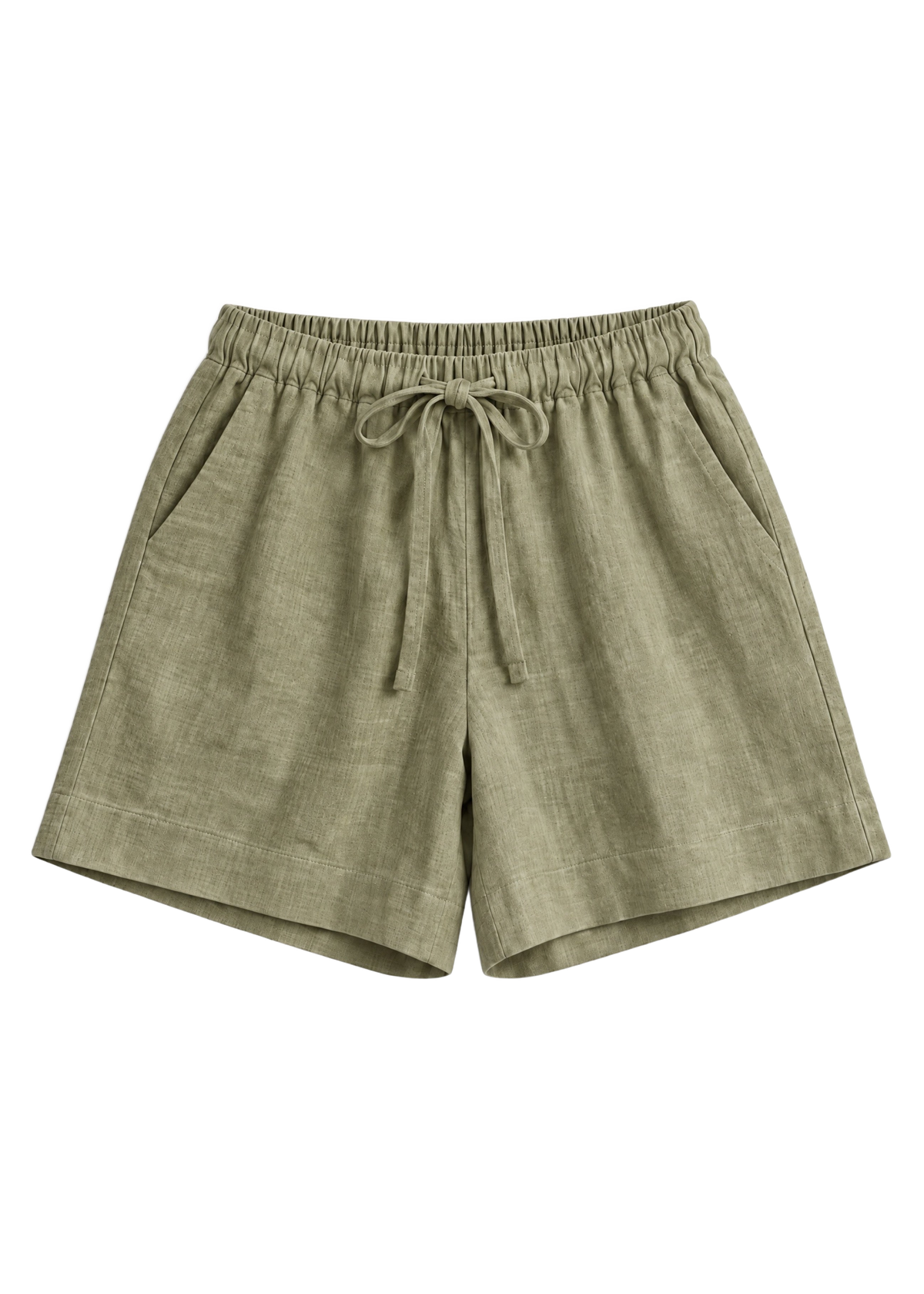 Drawstring Shorts in olive sandwashed linen, flat lay.