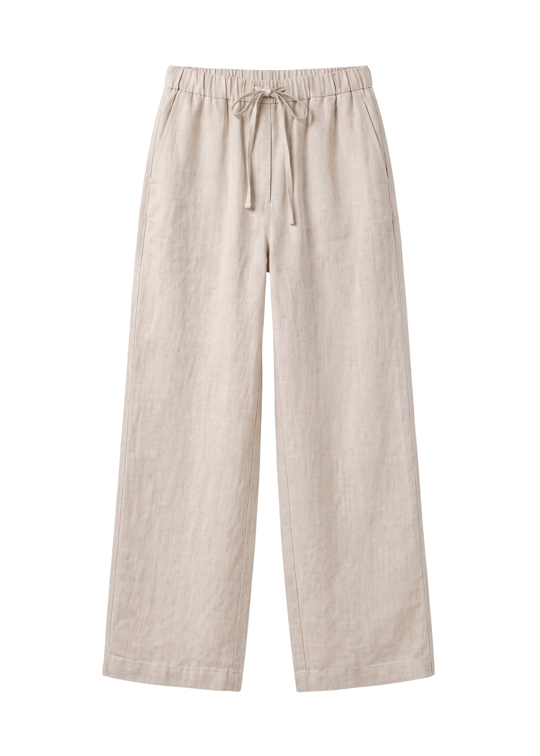 Drawstring Straight Leg Pants in natural sandwashed linen, flat lay with elastic drawstring waist and side pockets.