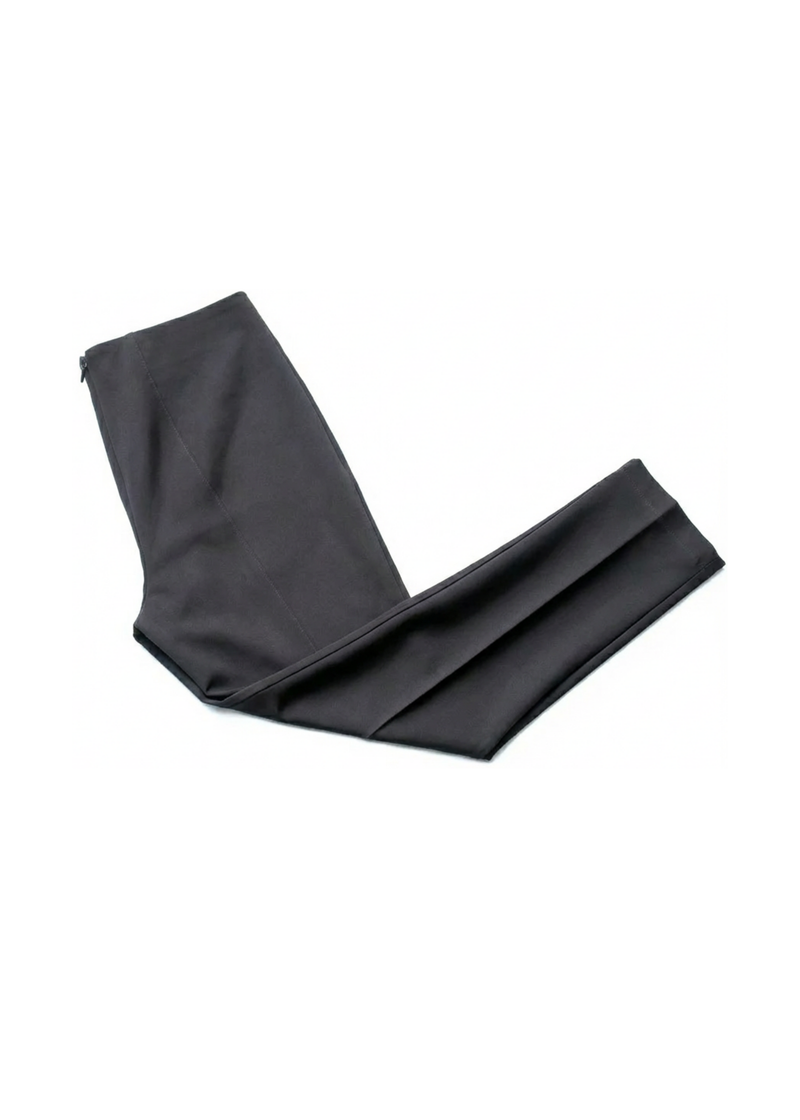 Black Dressy Stretch Ponte Pant, folded, with a contoured waistband and ankle-length design.
