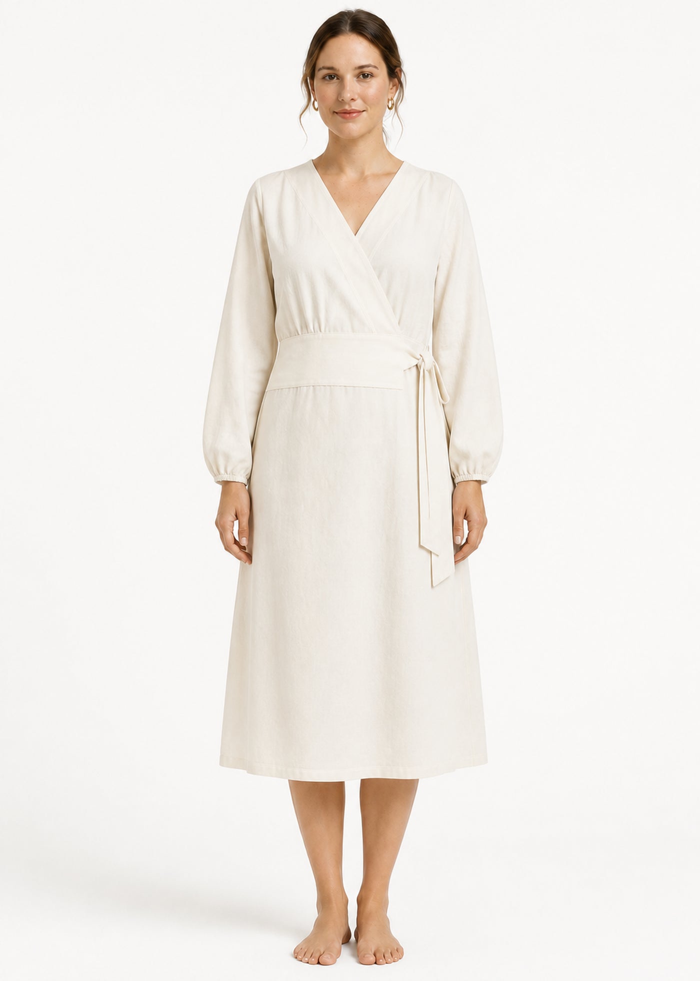 Long-Sleeve Wrap Robe in Natural - on model