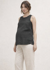 High-Neck Sleeveless Darted Linen Top in Linen in Black — on model