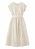 Belted Button-Front Linen Nursing Midi Dress in Linen in Natural — flat lay