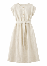 Belted Button-Front Linen Nursing Midi Dress in Linen in Natural — flat lay