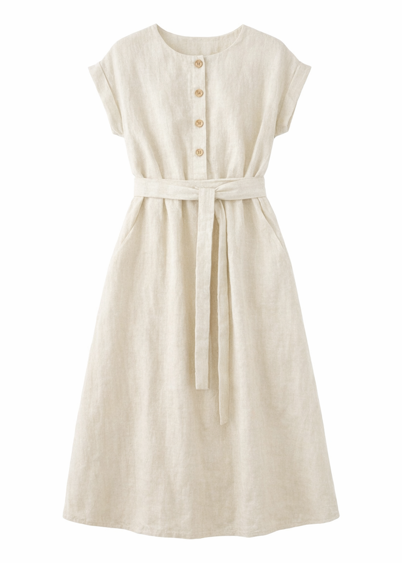 Belted Button-Front Linen Nursing Midi Dress in Linen in Natural — flat lay