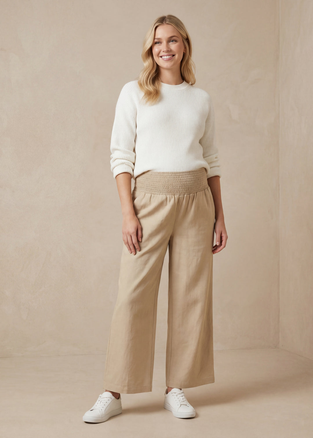 Easy Pull-On Transitional Cotton/Linen Wide Pants