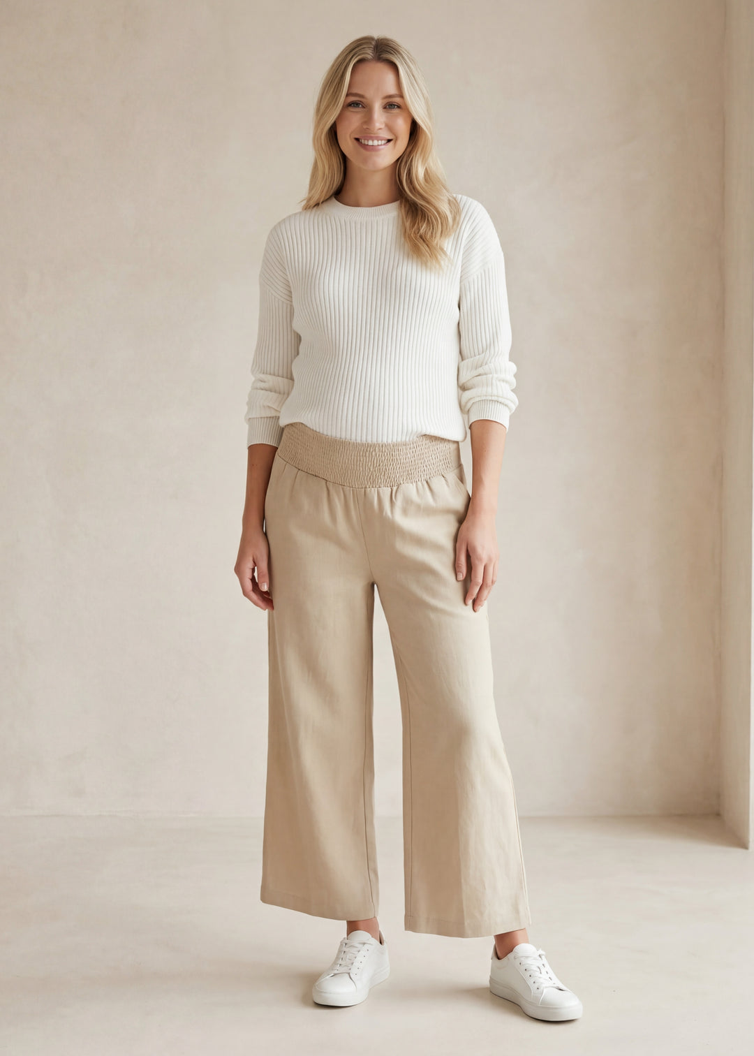 Easy Pull-On Transitional Cotton/Linen Wide Pants