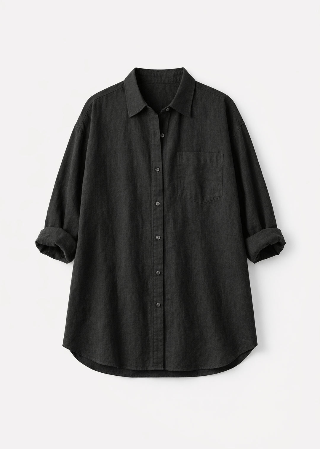 Oversized Boyfriend Linen Button-Down Shirt in Linen in Black — flat lay