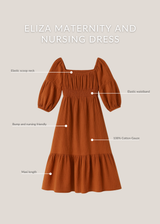 Eliza Maternity and Nursing Dress in rust cotton gauze with elastic scoop neck, smocked waistband, and maxi length.