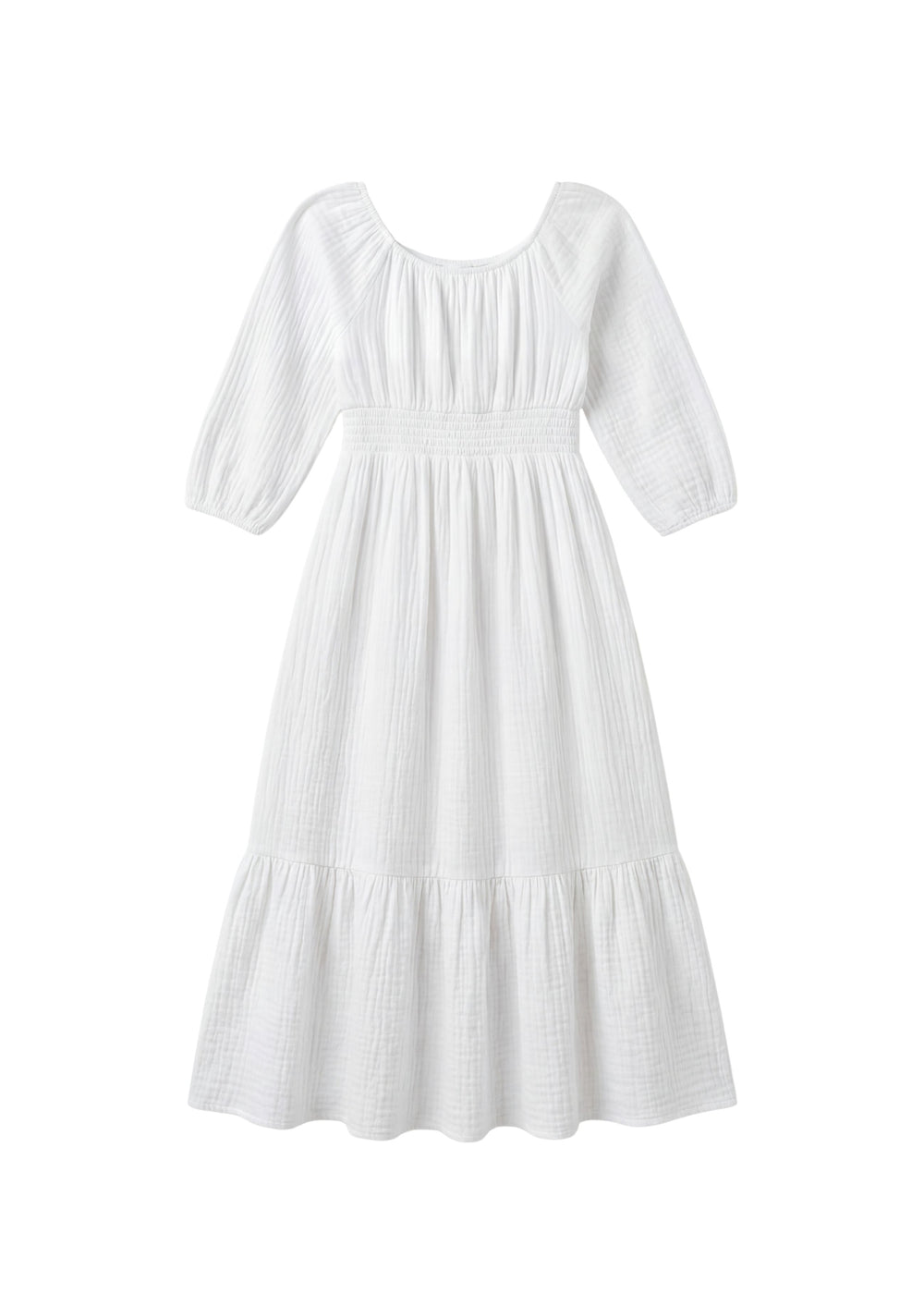 White Eliza maternity and nursing dress in 100% cotton gauze with smocked waist, scoop neck, and ruffle skirt.
