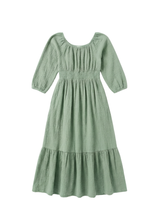 Seafoam green Eliza maternity and nursing maxi dress in cotton gauze with smocked waist, scoop neck, and balloon sleeves.