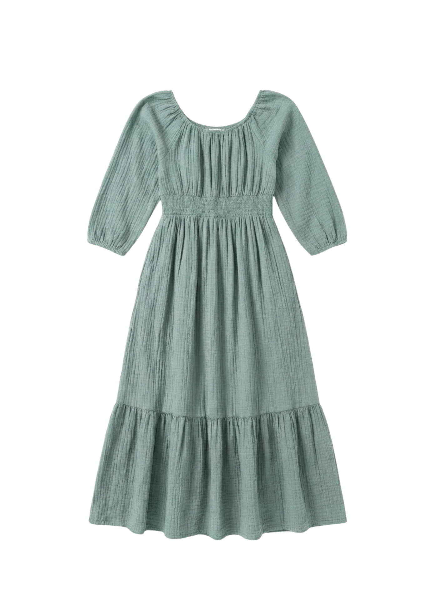 Seafoam Eliza Maternity and Nursing Dress in Cotton Gauze with smocked waist, scoop neck, and ruffle skirt.