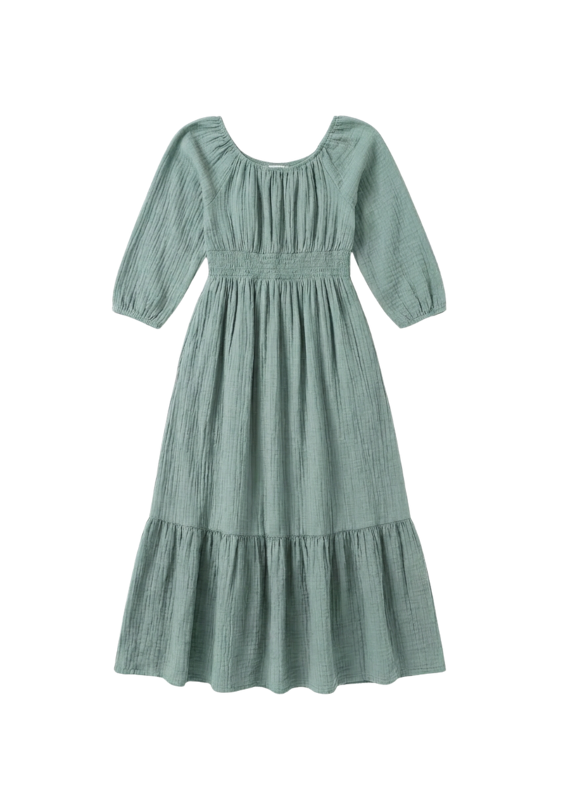 Seafoam Eliza Maternity and Nursing Dress in Cotton Gauze with smocked waist, scoop neck, and ruffle skirt.