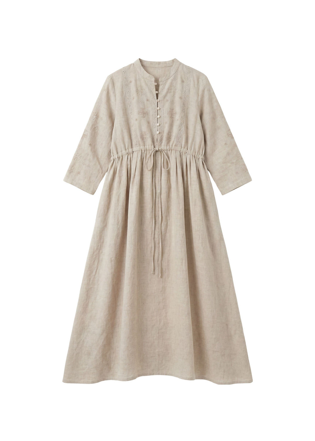 Embroidered Drawstring Dress in Linen
