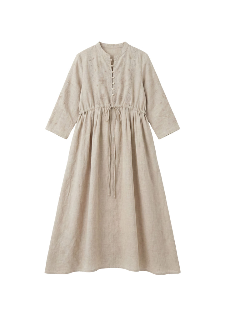 Embroidered Drawstring Dress in Linen