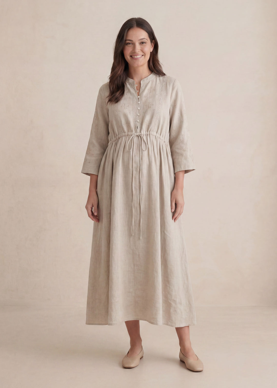 Embroidered Drawstring Dress in Linen