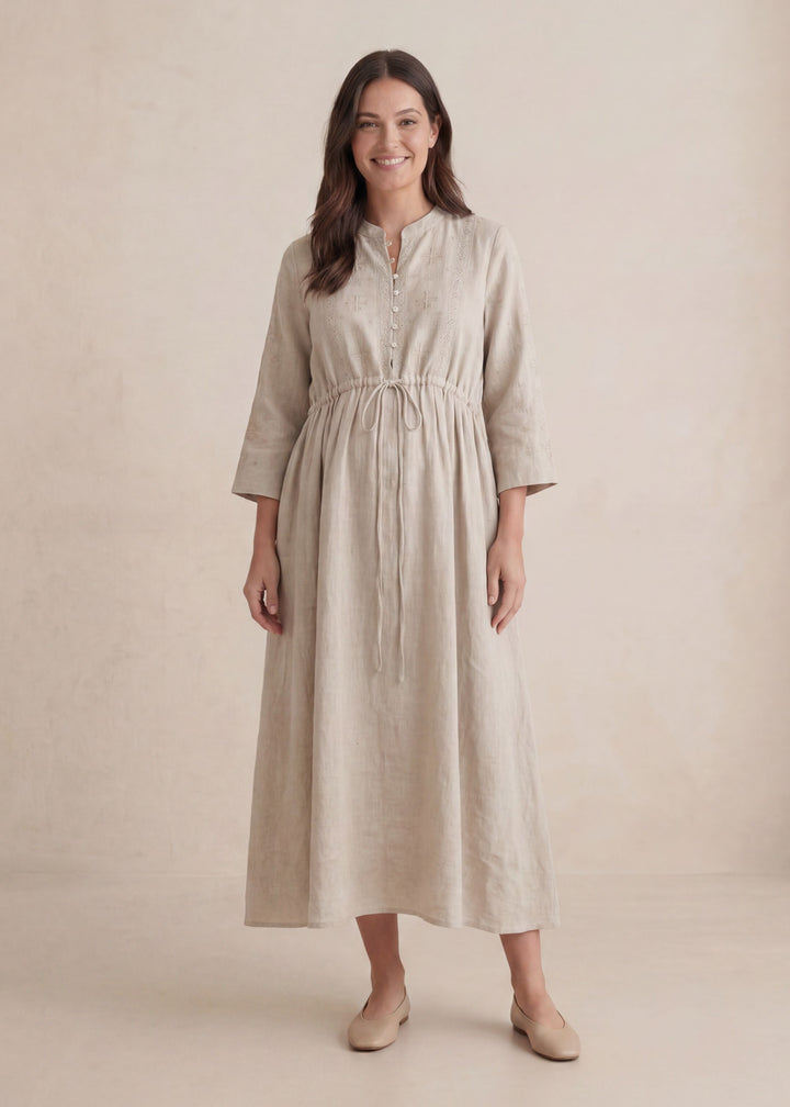 Embroidered Drawstring Dress in Linen