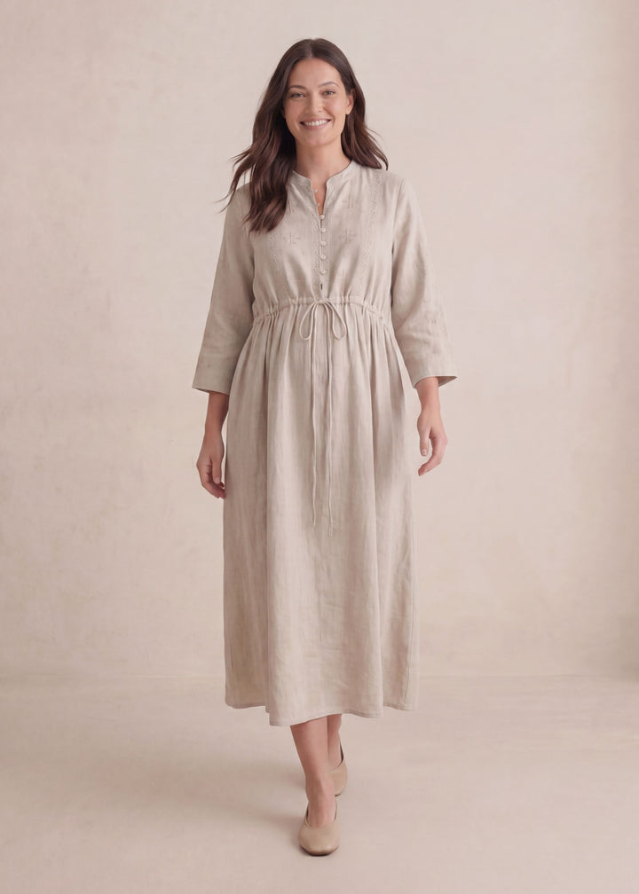 Embroidered Drawstring Dress in Linen