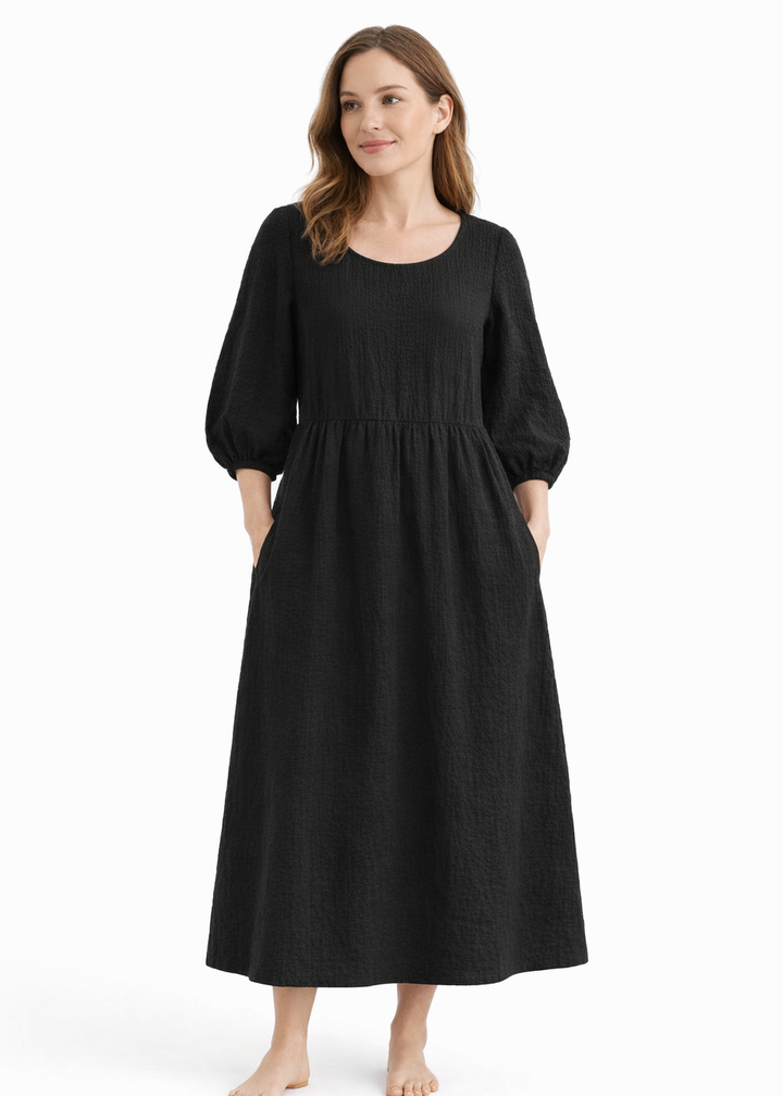 Gathered-Waist Seersucker Midi Dress in Black — on model