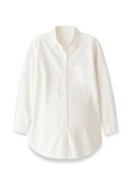 White oversized cotton/linen button-down shirt with a relaxed silhouette, long sleeves, and a chest pocket.
