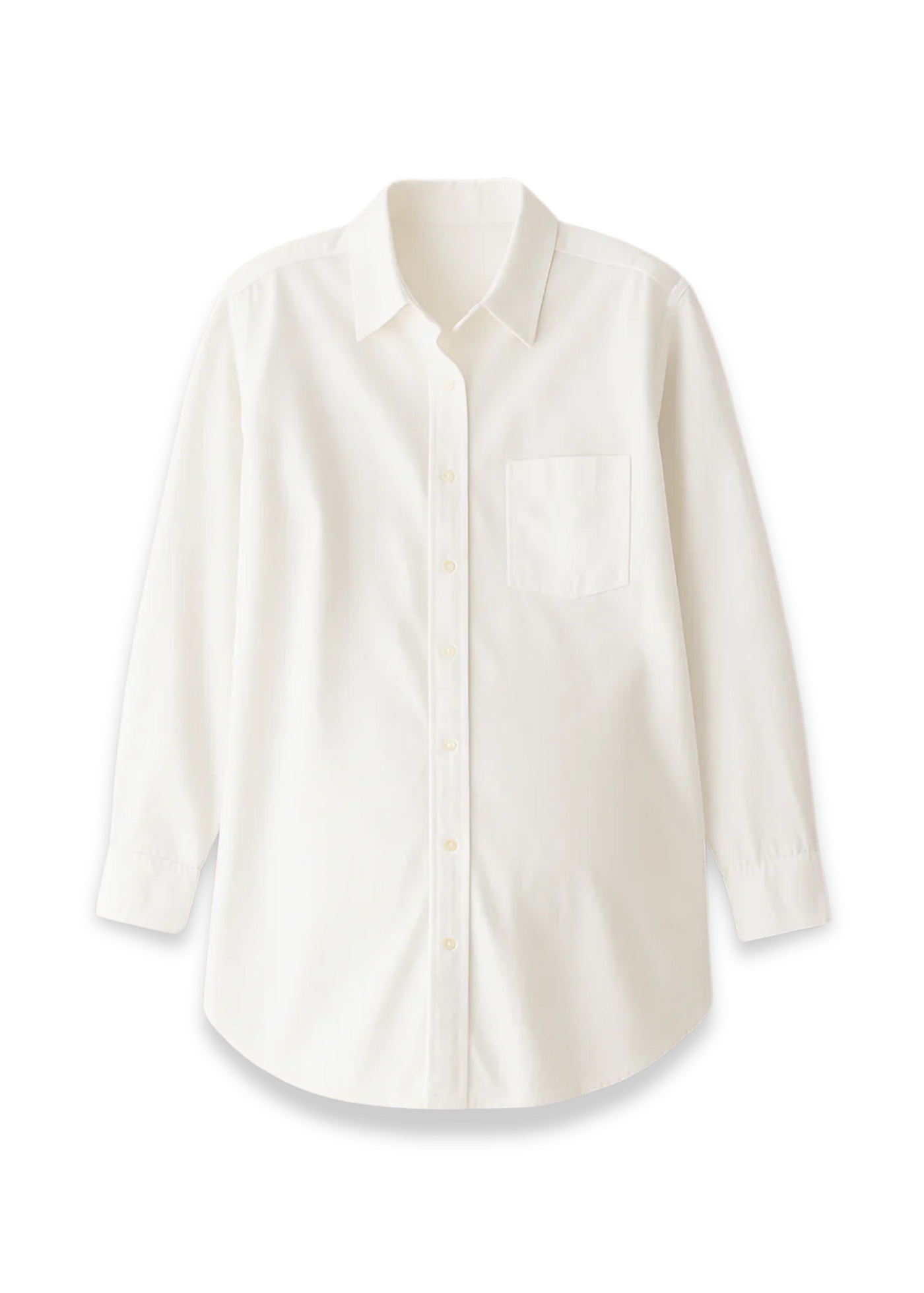 White oversized cotton/linen button-down shirt with a relaxed silhouette, long sleeves, and a chest pocket.