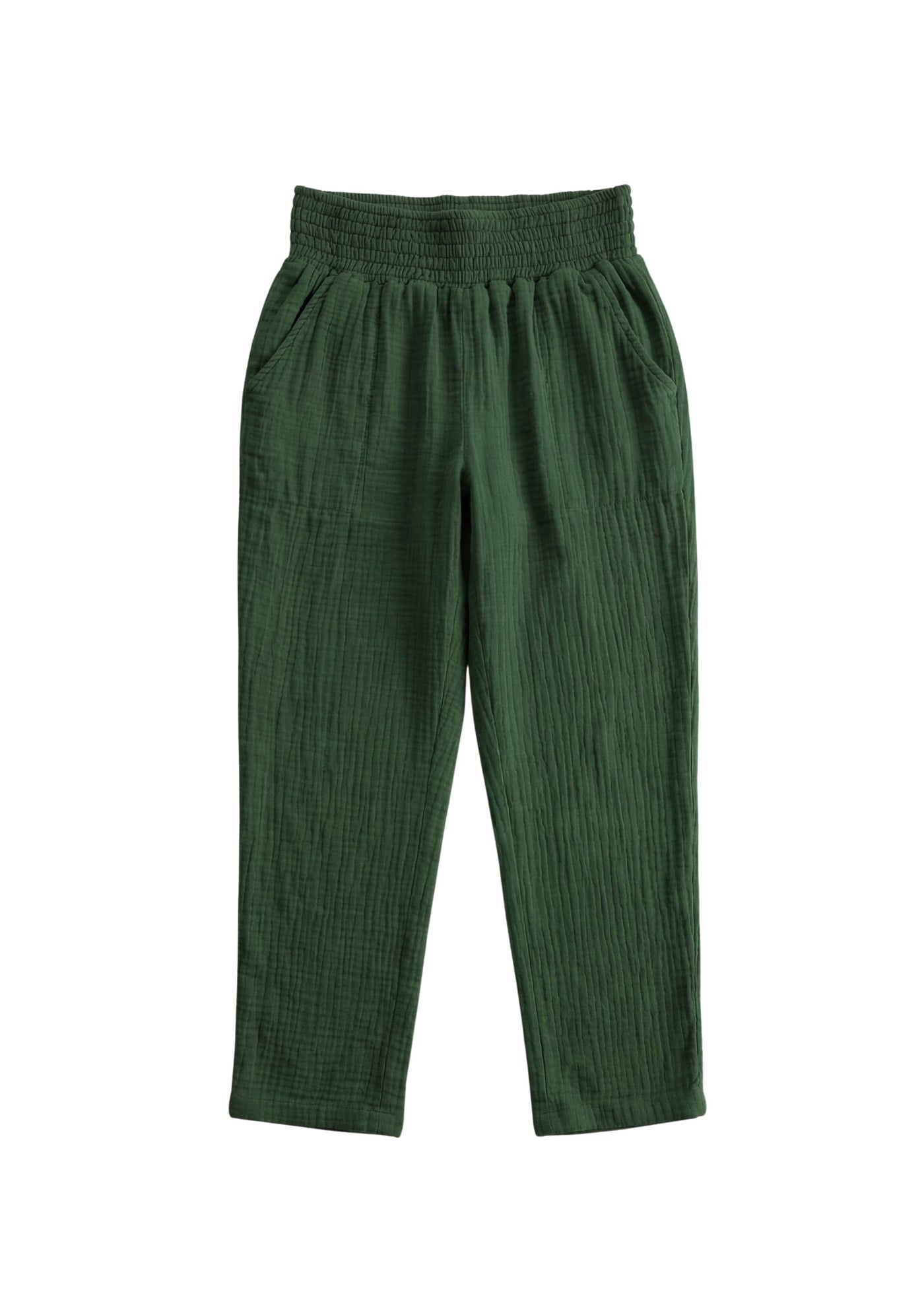 Dark green cotton gauze Everyday Breeze Pant with elastic waistband and functional pockets.