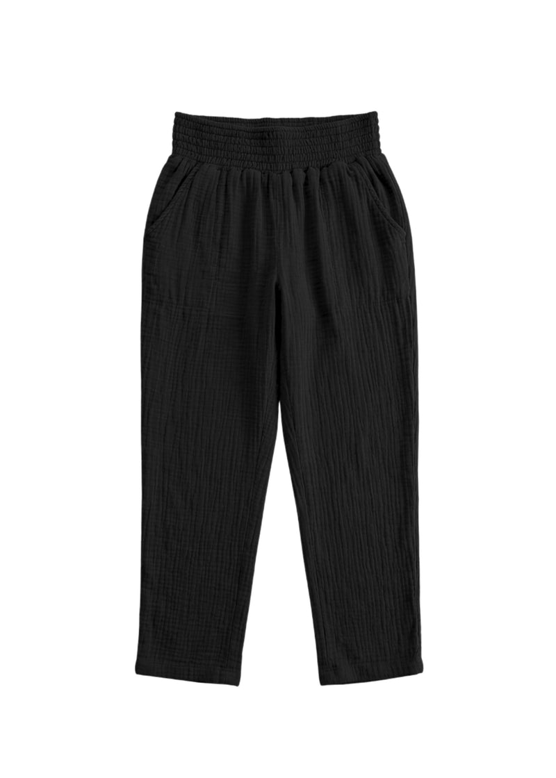 Black Everyday Breeze Pant in cotton gauze with elastic waistband and deep front pockets.