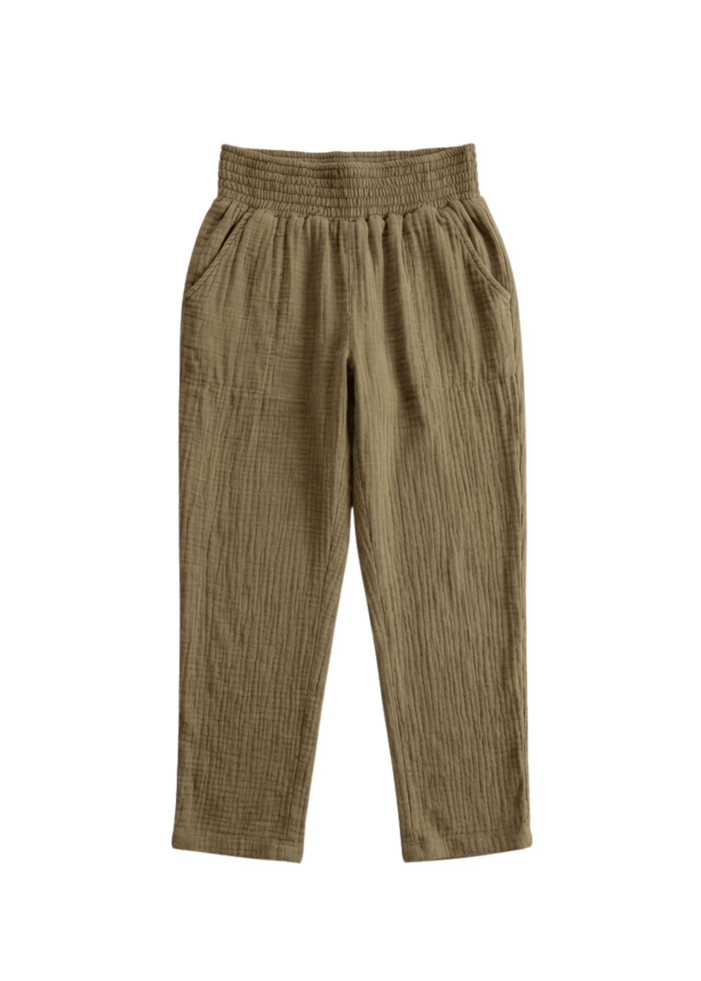 Olive green cotton gauze Everyday Breeze Pant with elastic waistband and deep pockets.