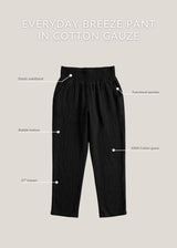 Black Everyday Breeze Pant in 100% cotton gauze, featuring an elastic waistband, bubble texture, and functional pockets.