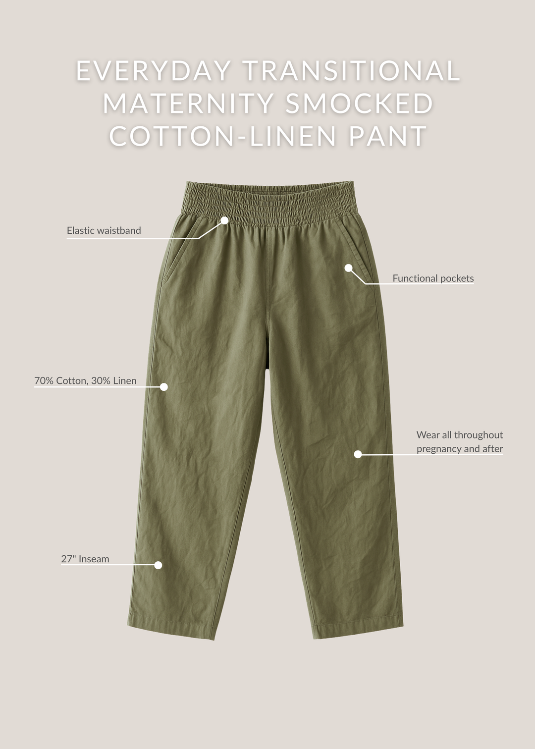 Everyday Transitional Maternity Smocked Cotton-Linen Pant