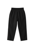 Black straight leg trouser in cotton/linen blend with an elasticized waist and side pockets.