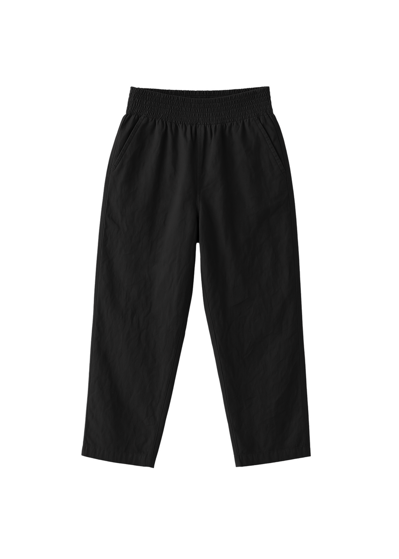 Black straight leg trouser in cotton/linen blend with an elasticized waist and side pockets.