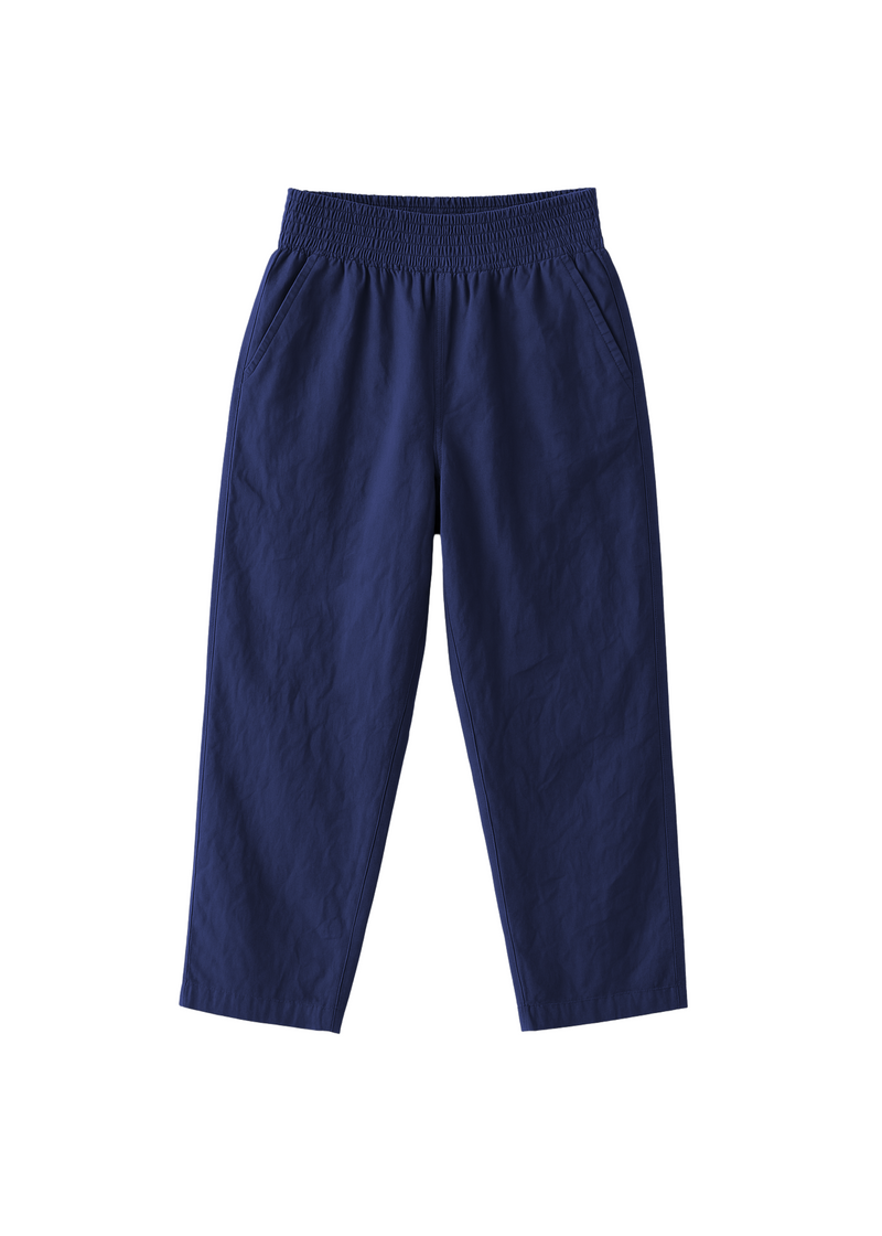 Navy blue straight leg maternity trousers in cotton/linen blend with an elasticated waist and side pockets.