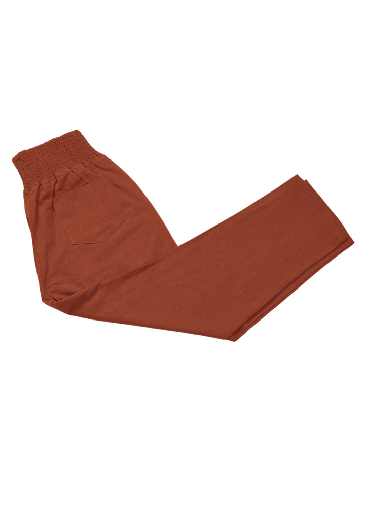 Transitional Maternity Smocked Linen Pant in Cinnamon Flatlay Image