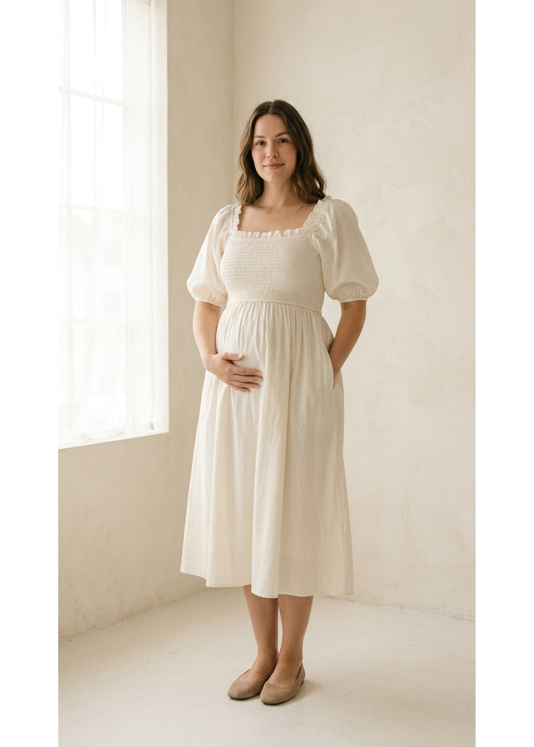 Smocked Short Sleeve Maternity Midi Dress in Cotton/Linen in Natural — on model