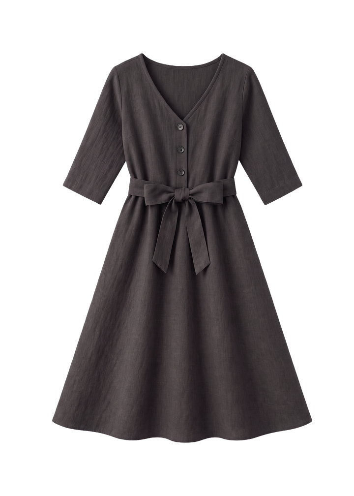 Faye Dress in Sandwashed Linen, Ebony, flat lay