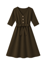 Faye Dress in Sandwashed Linen, Olive, flat lay