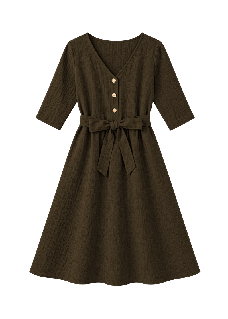 Faye Dress in Sandwashed Linen, Olive, flat lay