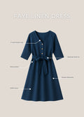 Navy blue Faye linen dress with V-neck button top, optional waist tie, side pockets, and sheath silhouette.
