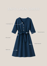 Navy blue Faye linen dress with V-neck button top, optional waist tie, side pockets, and sheath silhouette.